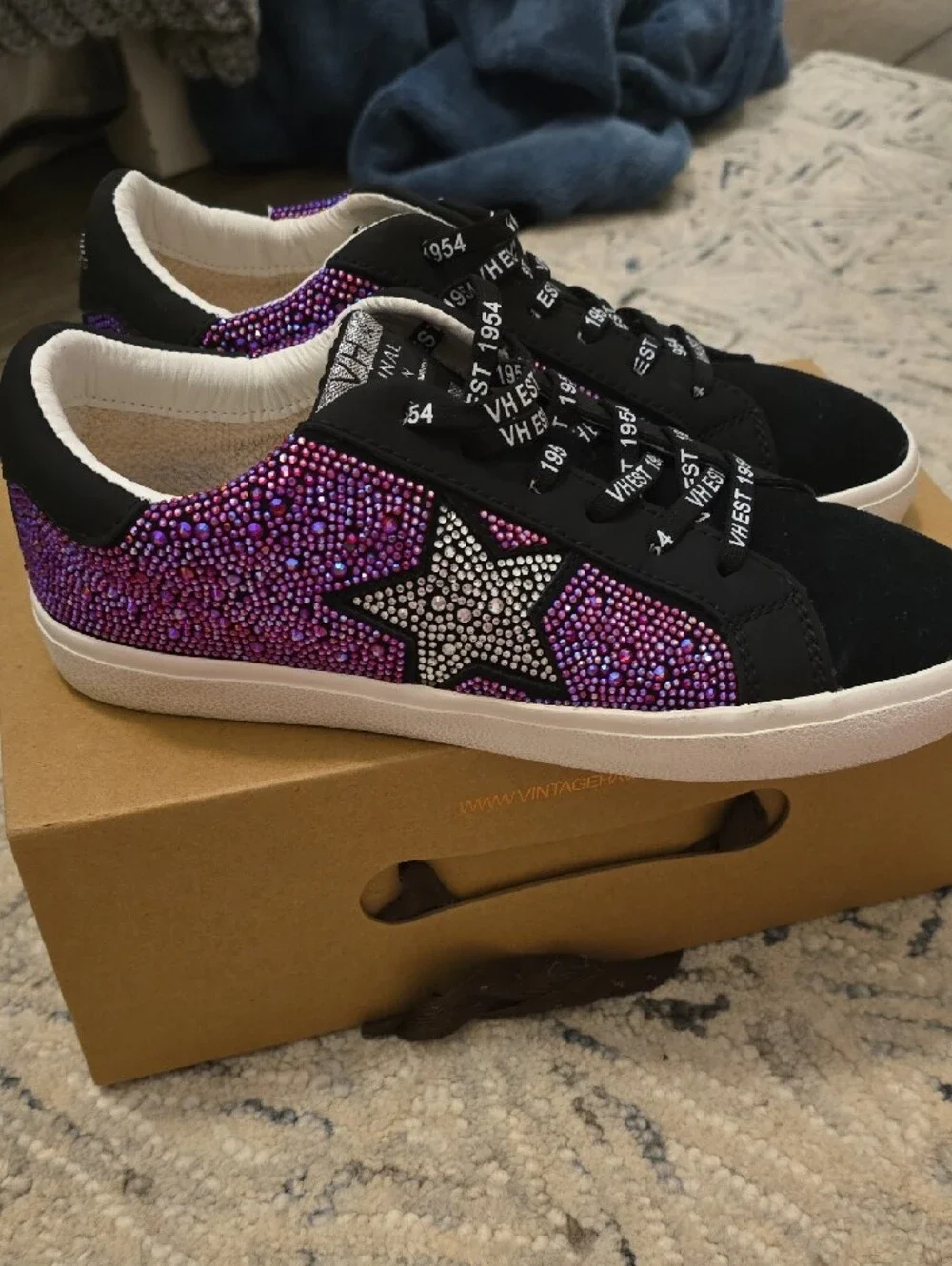 Vintage Havana Black Sneakers with Purple Rhinestone Accents